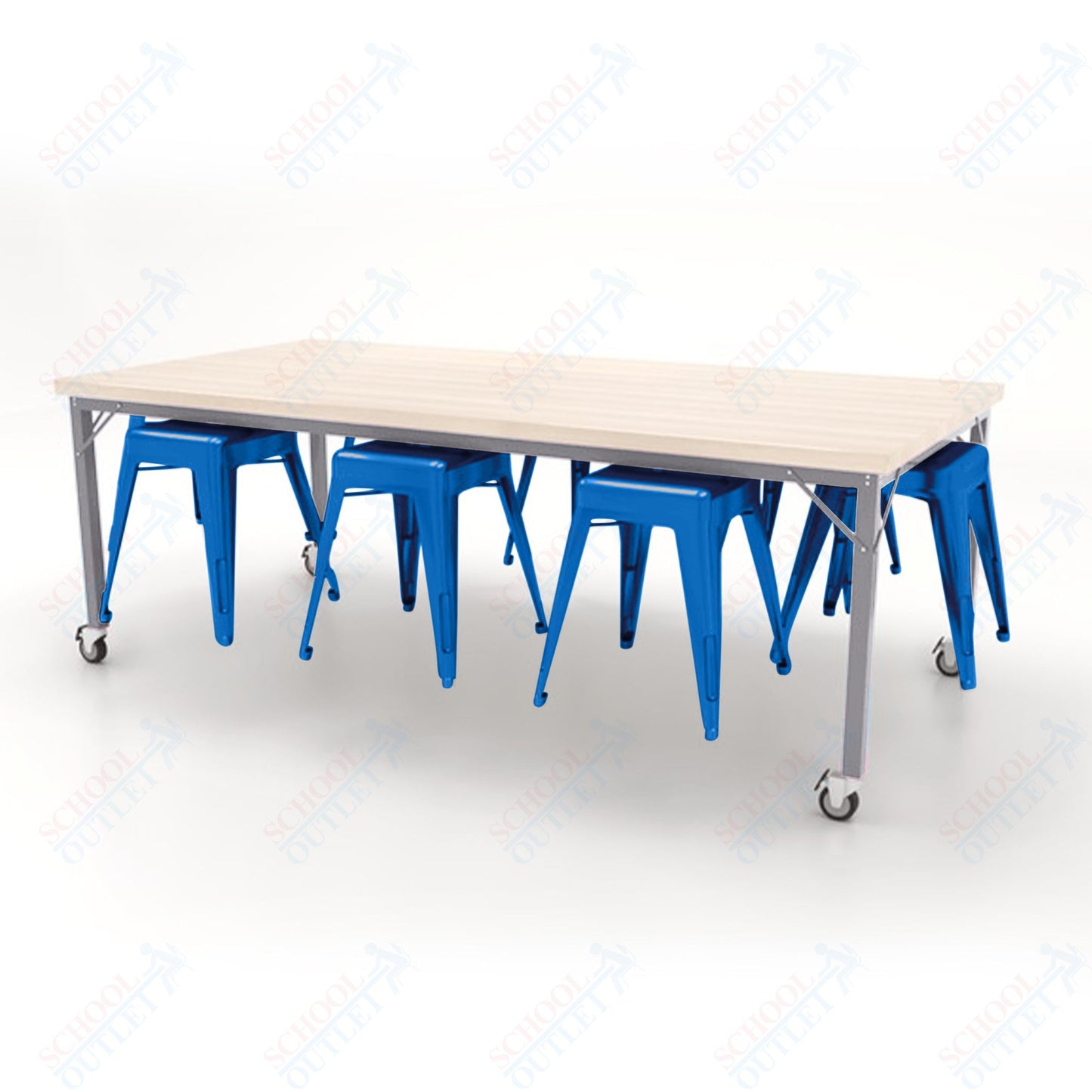 CEF Brainstorm Workbench 30"H with Butcher Block Top and Steel Frame, 8 Magnetic Metal Stools Included, for 3rd Grade and Up - SchoolOutlet