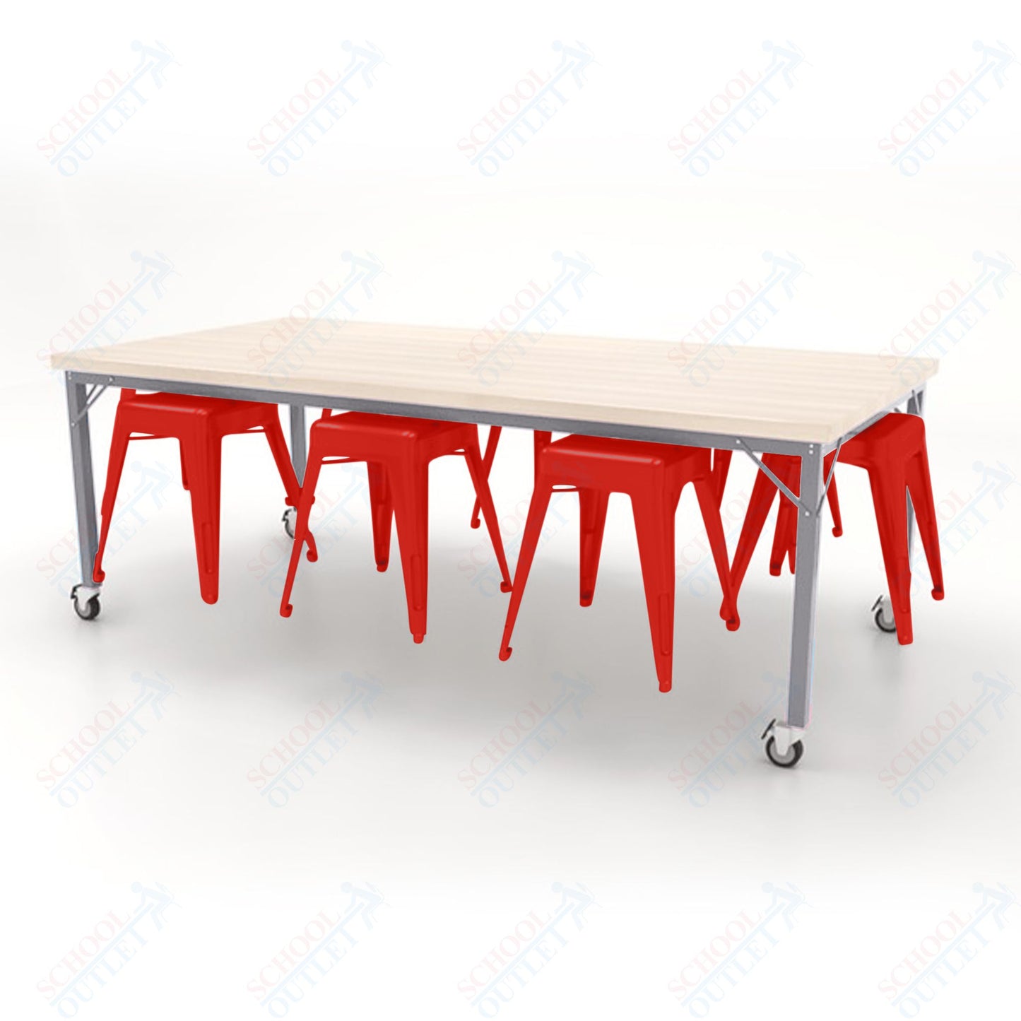 CEF Brainstorm Workbench 30"H with Butcher Block Top and Steel Frame, 8 Magnetic Metal Stools Included, for 3rd Grade and Up - SchoolOutlet