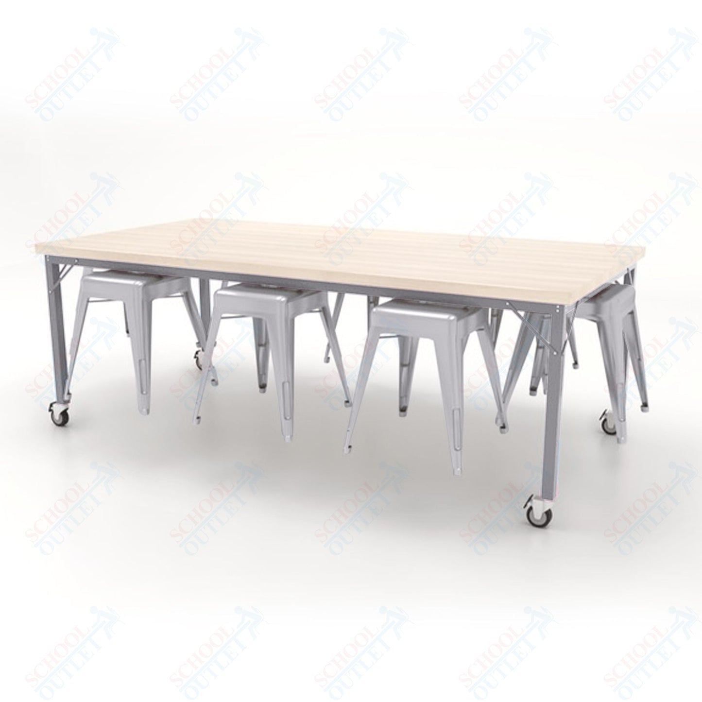 CEF Brainstorm Workbench 30"H with Butcher Block Top and Steel Frame, 8 Magnetic Metal Stools Included, for 3rd Grade and Up - SchoolOutlet