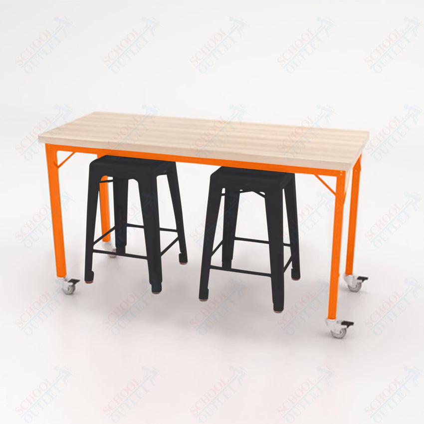 CEF Brainstorm Workbench 34"H with Butcher Block Top and Steel Frame, 2 Magnetic Metal Stools Included, for 3rd Grade and Up ADA Compliant - SchoolOutlet