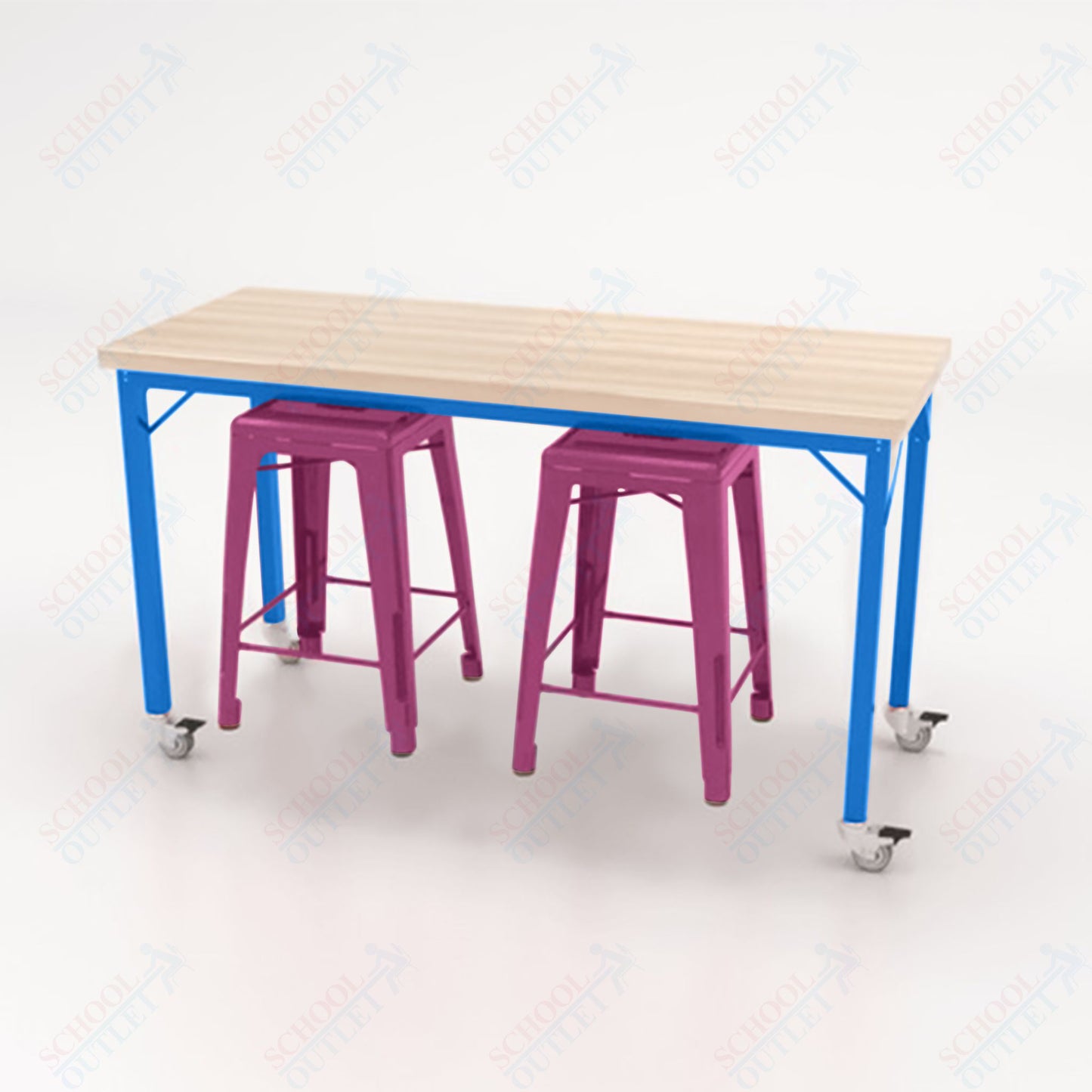 CEF Brainstorm Workbench 34"H with Butcher Block Top and Steel Frame, 2 Magnetic Metal Stools Included, for 3rd Grade and Up ADA Compliant - SchoolOutlet