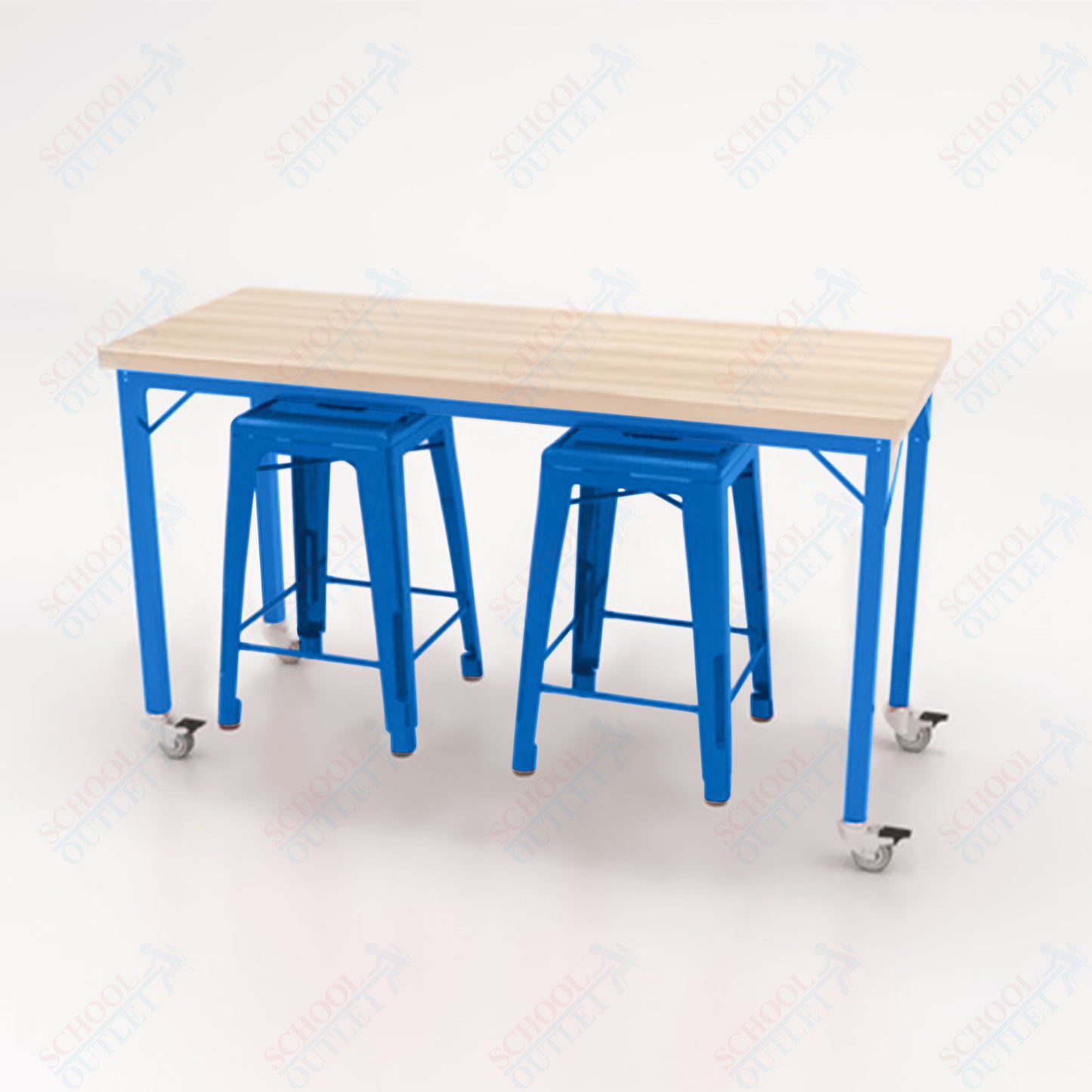 CEF Brainstorm Workbench 34"H with Butcher Block Top and Steel Frame, 2 Magnetic Metal Stools Included, for 3rd Grade and Up ADA Compliant - SchoolOutlet