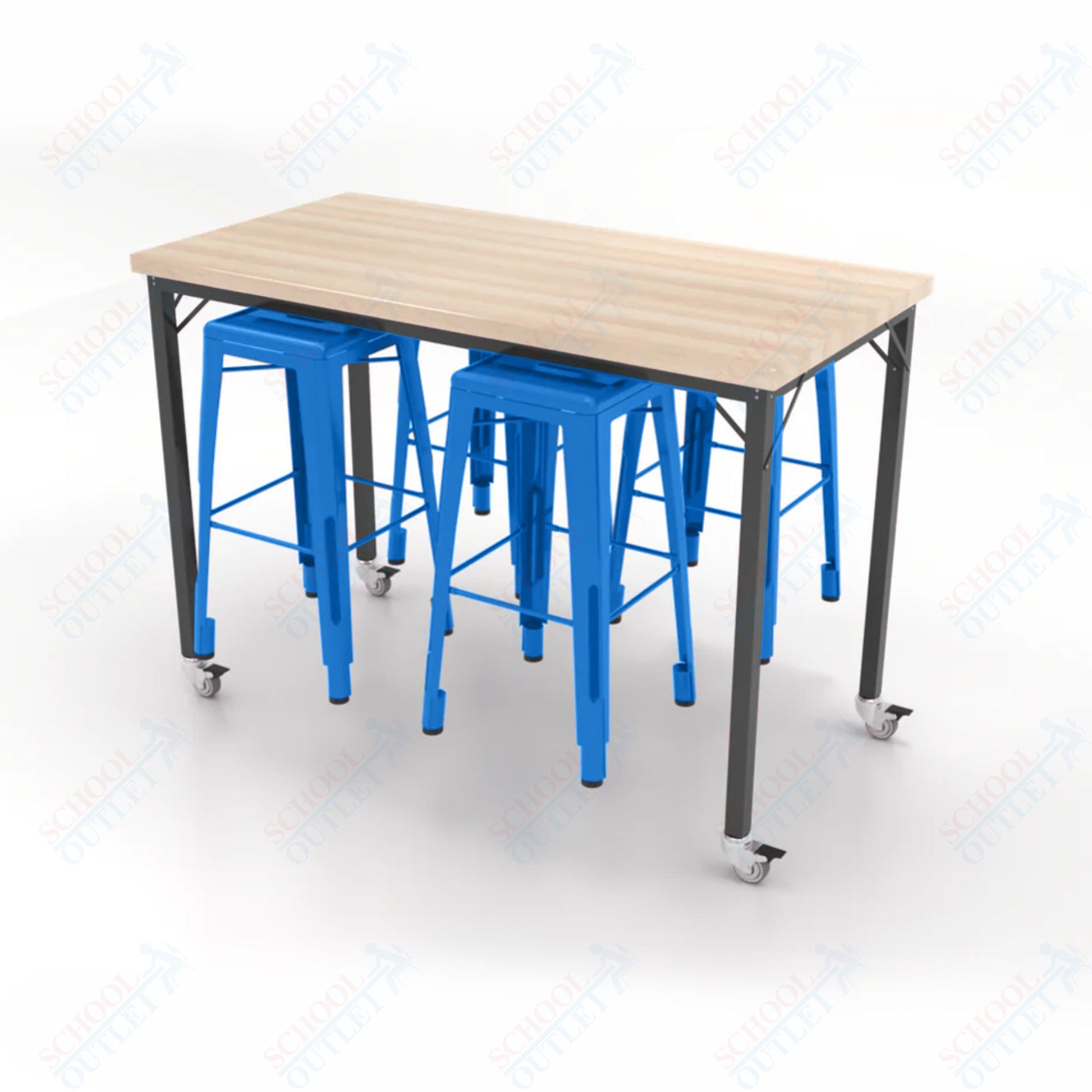 CEF Brainstorm Workbench 42"H with Butcher Block Top and Steel Frame, 4 Magnetic Metal Stools Included, for 6th Grade and Up - SchoolOutlet