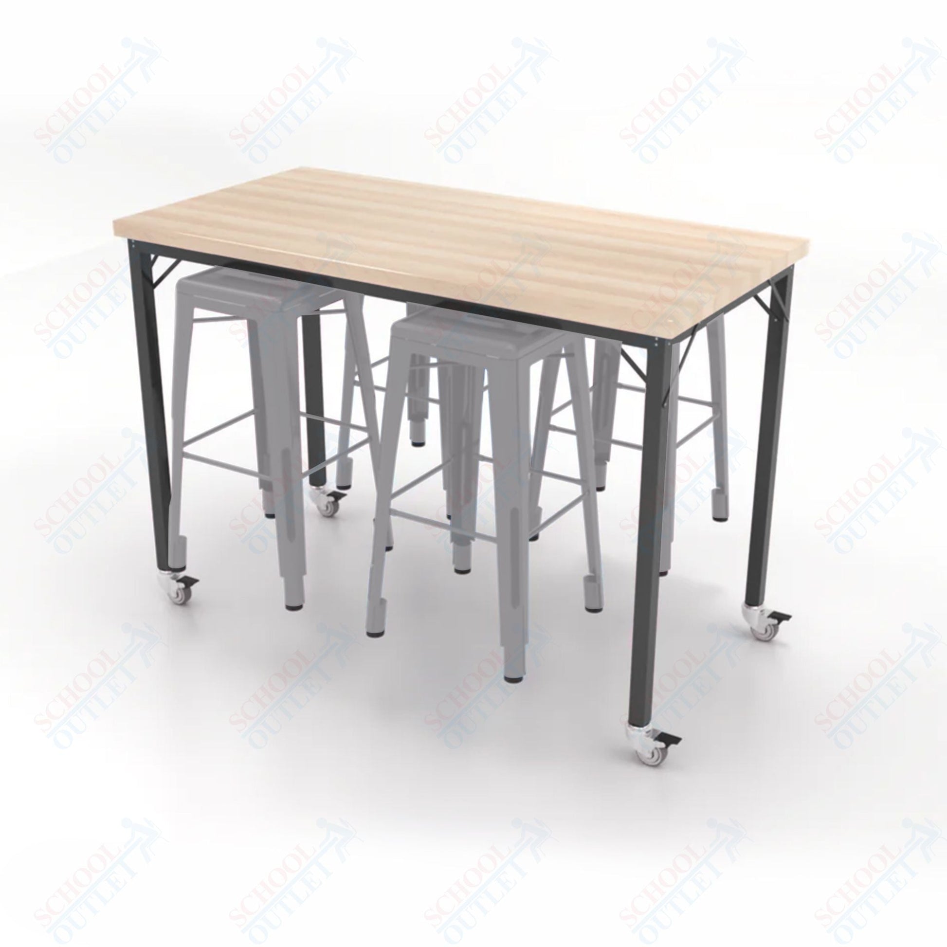 CEF Brainstorm Workbench 42"H with Butcher Block Top and Steel Frame, 4 Magnetic Metal Stools Included, for 6th Grade and Up - SchoolOutlet