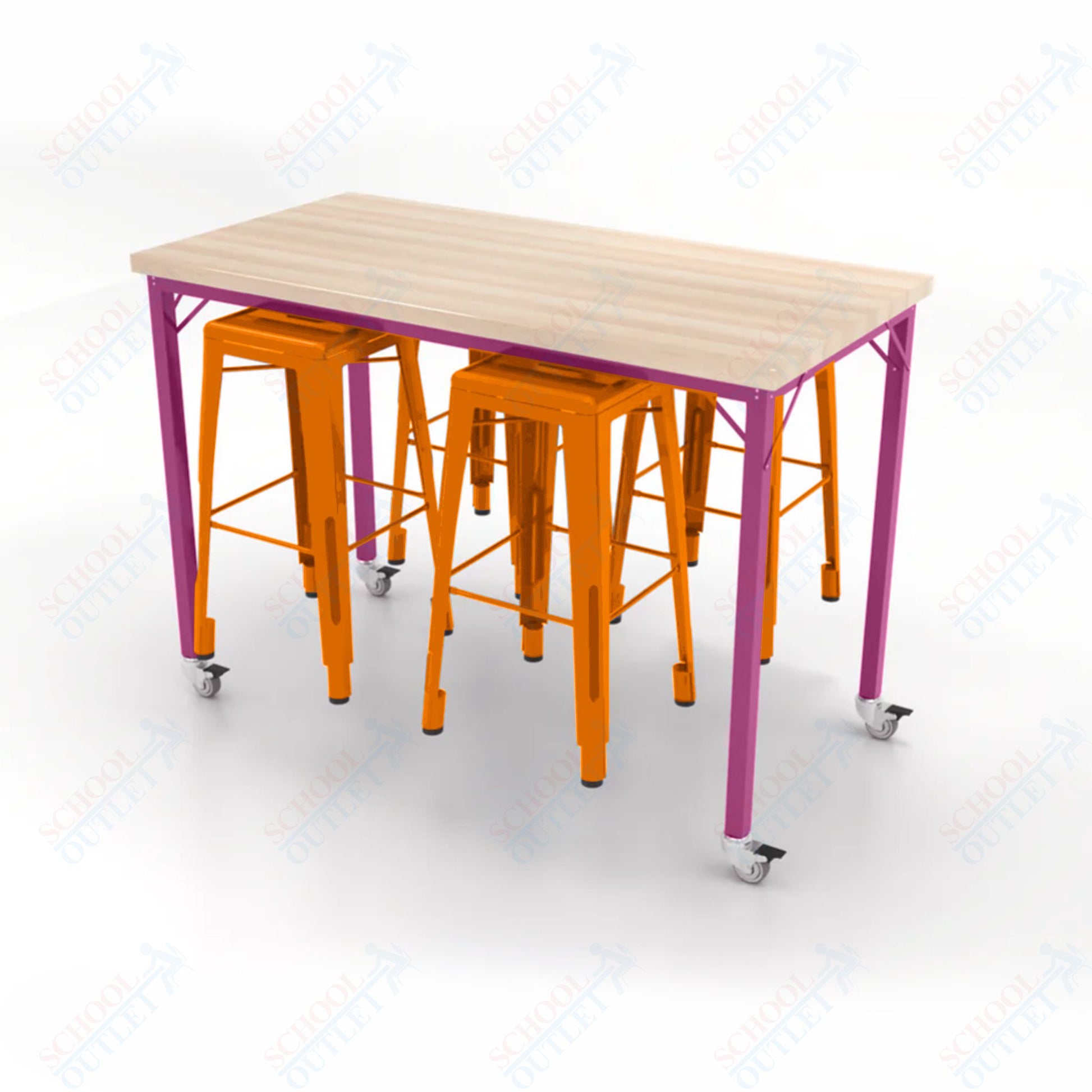 CEF Brainstorm Workbench 42"H with Butcher Block Top and Steel Frame, 4 Magnetic Metal Stools Included, for 6th Grade and Up - SchoolOutlet