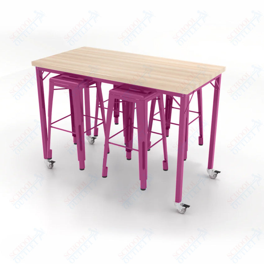 CEF Brainstorm Workbench 42"H with Butcher Block Top and Steel Frame, 4 Magnetic Metal Stools Included, for 6th Grade and Up - SchoolOutlet