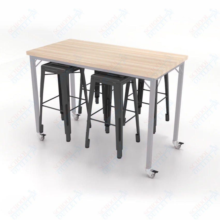 CEF Brainstorm Workbench 42"H with Butcher Block Top and Steel Frame, 4 Magnetic Metal Stools Included, for 6th Grade and Up - SchoolOutlet