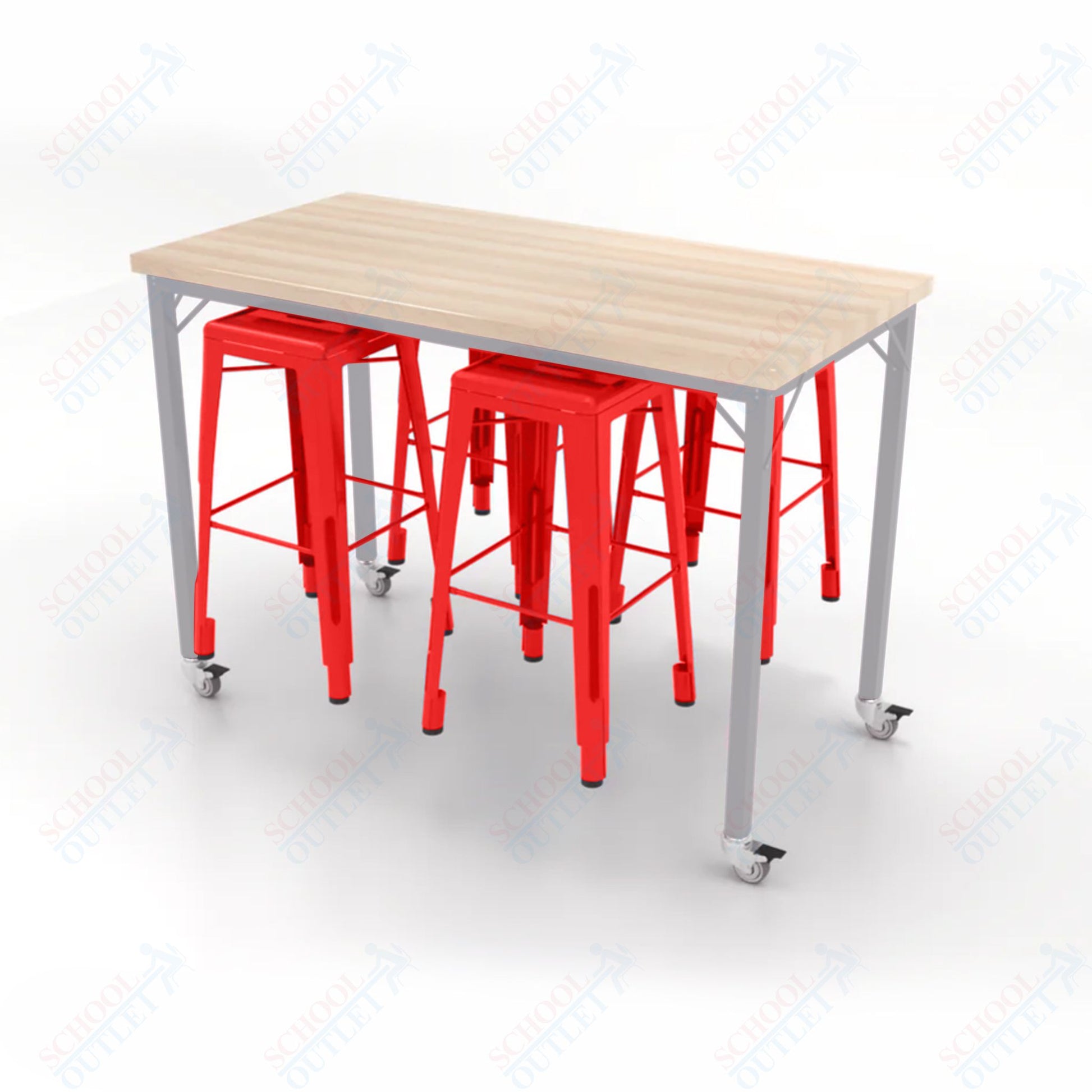 CEF Brainstorm Workbench 42"H with Butcher Block Top and Steel Frame, 4 Magnetic Metal Stools Included, for 6th Grade and Up - SchoolOutlet