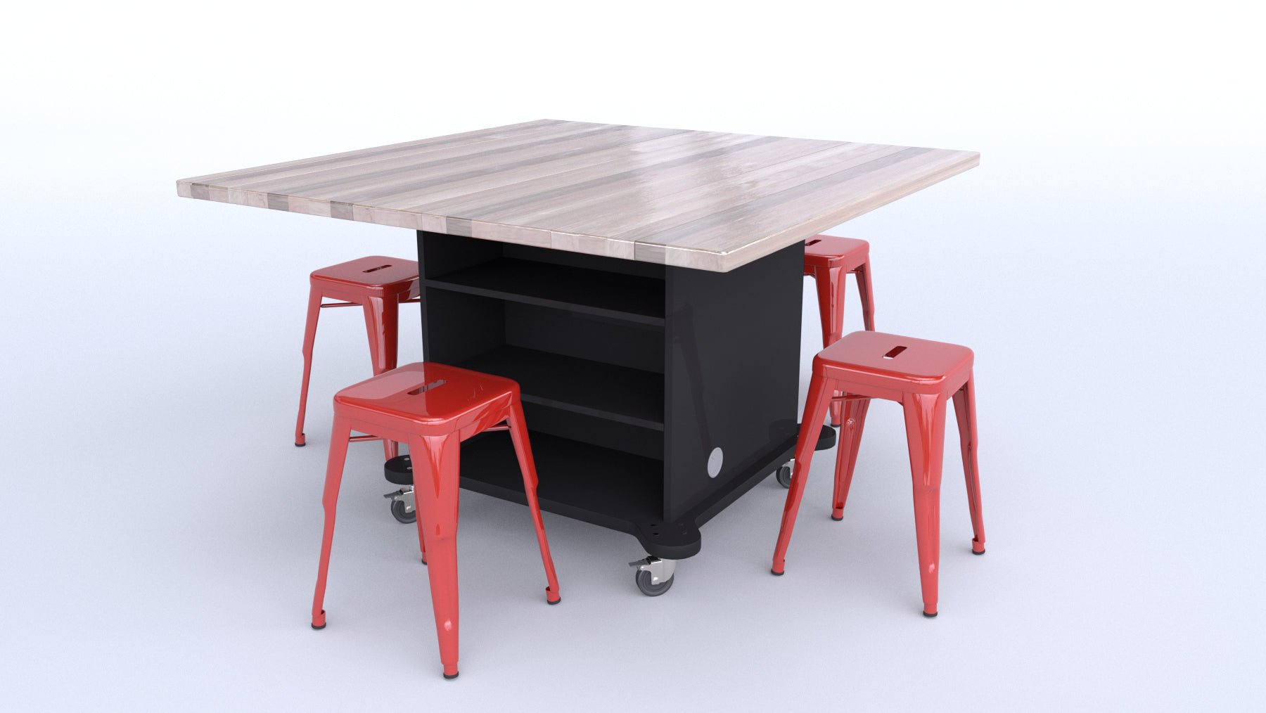 CEF Creation Cube Double-Sided Storage Table - 30"H, Square Butcher Block Top, High-Pressure Laminate Base and 4 Metal Stools Included - SchoolOutlet