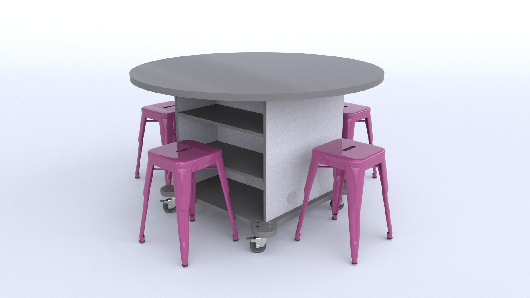 CEF Creation Cube Double-Sided Storage Table - 30"H, High-Pressure Laminate Base and Round Top - 4 Metal Stools Included - SchoolOutlet