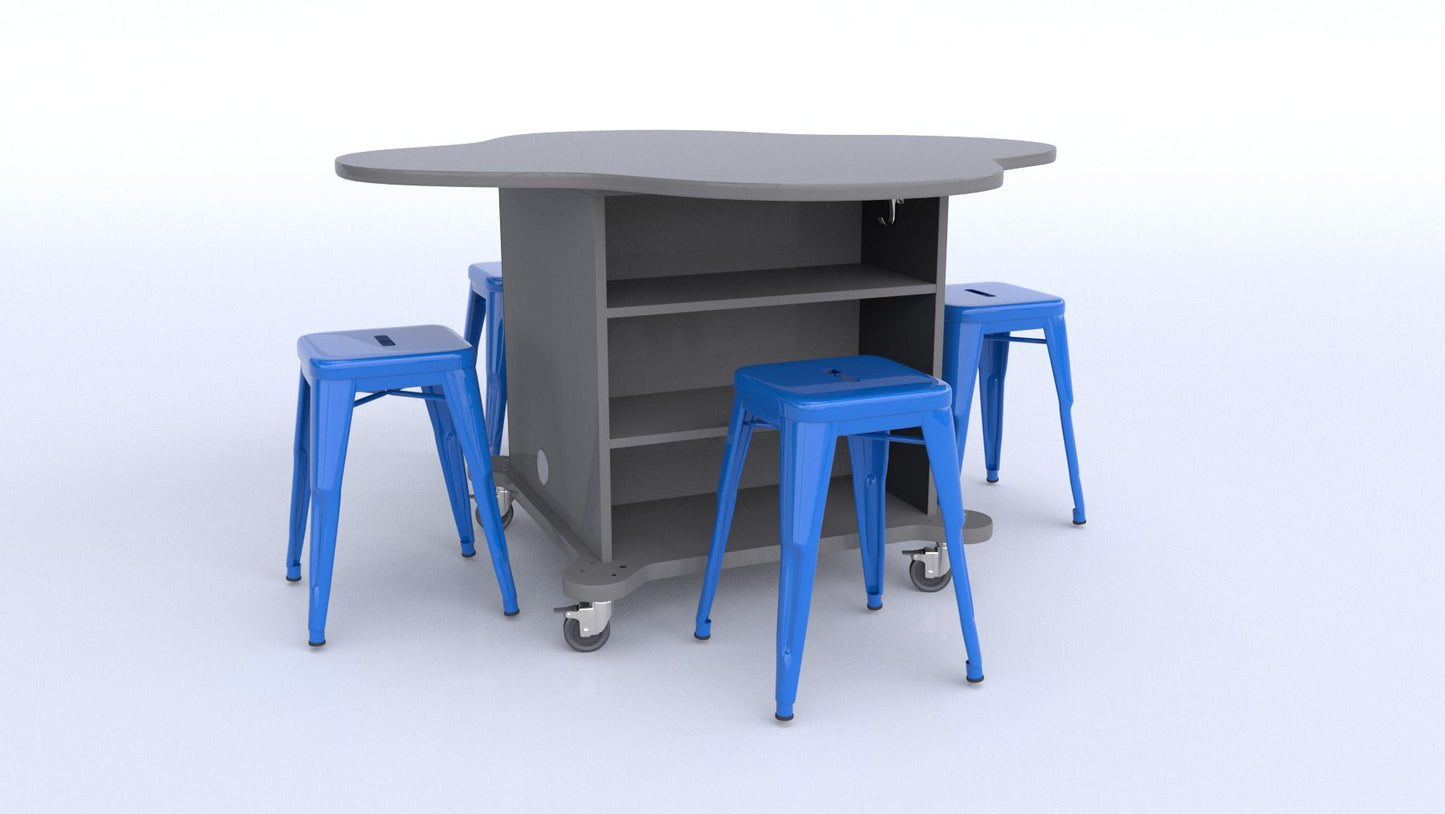 CEF Creation Cube Double-Sided Storage Table - 30"H, High-Pressure Laminate Base and Clover Top - 4 Metal Stools Included - SchoolOutlet