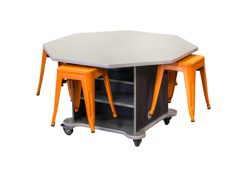 CEF Creation Cube Double-Sided Storage Table - 30"H, High-Pressure Laminate Base and Octagon Top - 4 Metal Stools Included - SchoolOutlet