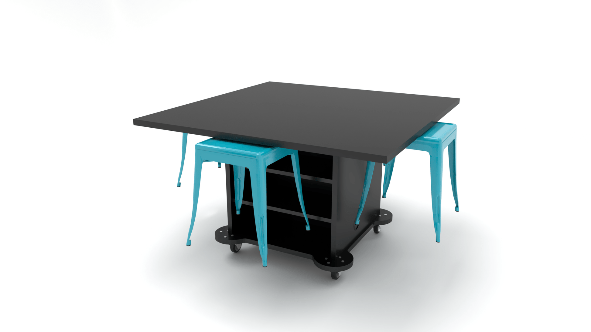 CEF Creation Cube Double-Sided Storage Table - 30"H, High-Pressure Laminate Base and Square Top - 4 Metal Stools Included - SchoolOutlet