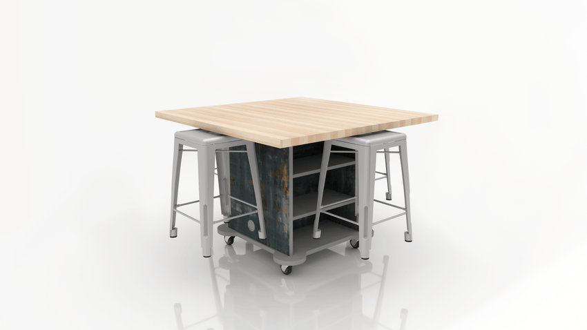 CEF Creation Cube Double-Sided Storage Table - 34"H, Square Butcher Block Top, High-Pressure Laminate Base and 4 Metal Stools Included - SchoolOutlet
