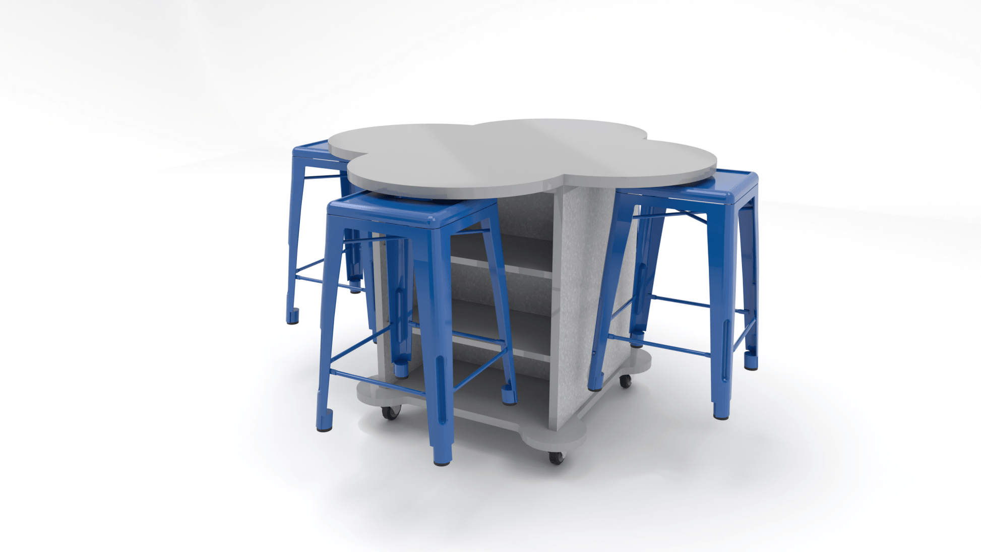 CEF Creation Cube Double-Sided Storage Table - 34"H, High-Pressure Laminate Base and Clover Top - 4 Metal Stools Included - SchoolOutlet