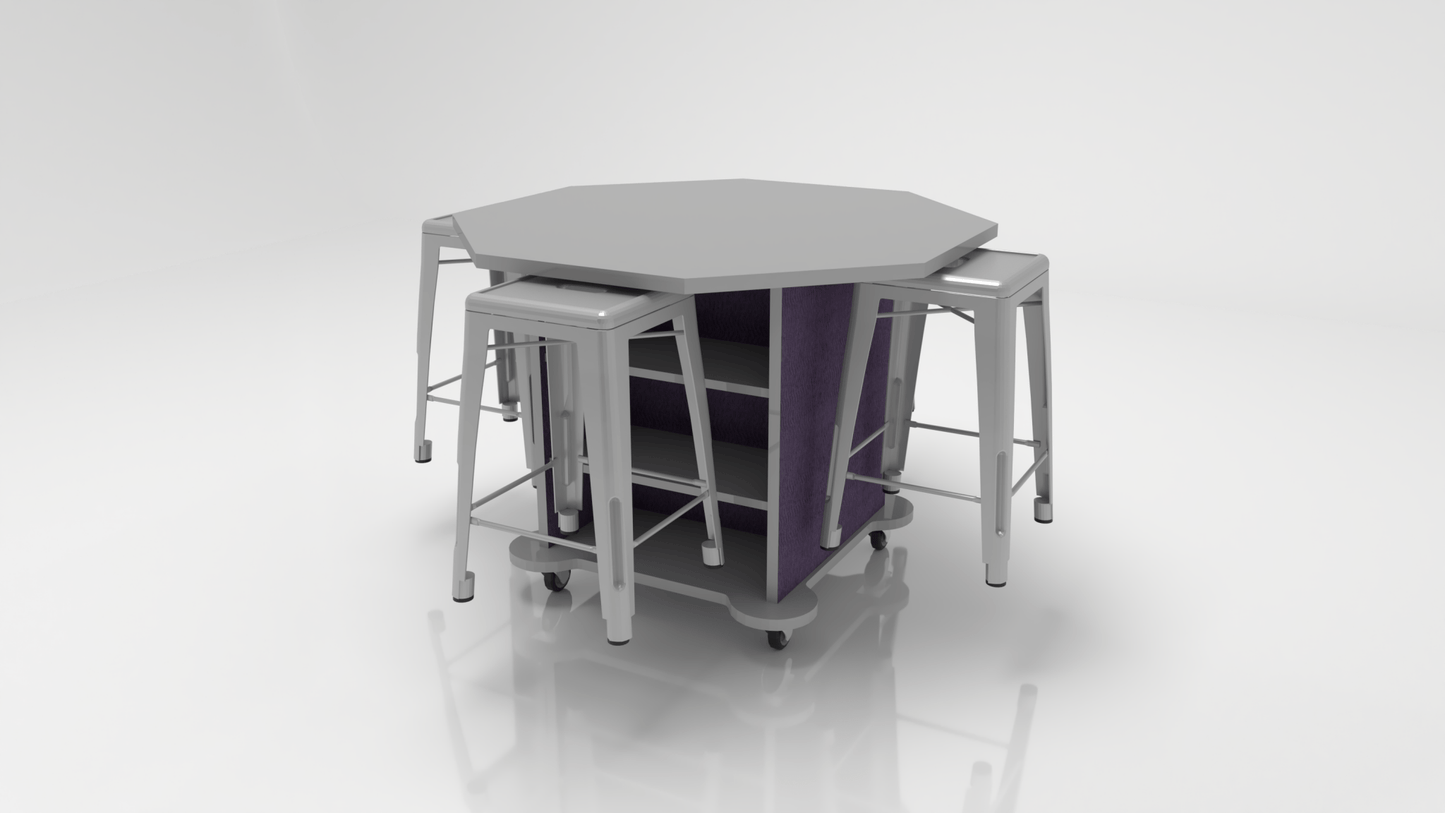 CEF Creation Cube Double-Sided Storage Table - 34"H, High-Pressure Laminate Base and Octagon Top - 4 Metal Stools Included - SchoolOutlet