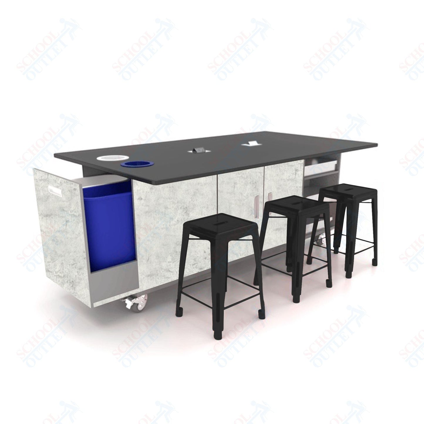 CEF ED Original Table 42"H Tough Top, Laminate Base with 6 Stools, Storage Bins, Trash Bins, and Electrical Outlets Included. - SchoolOutlet