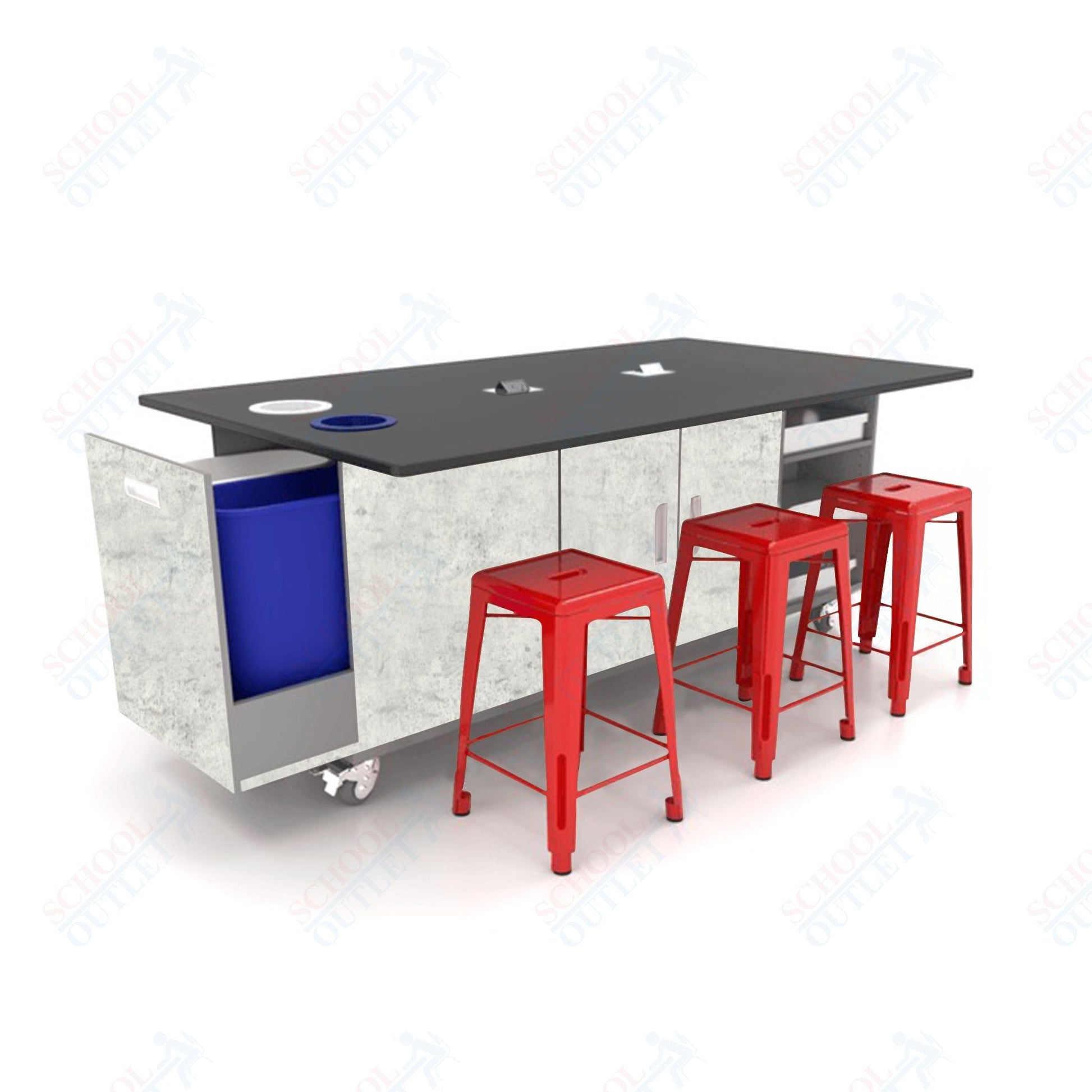 CEF ED Original Table 42"H Tough Top, Laminate Base with 6 Stools, Storage Bins, Trash Bins, and Electrical Outlets Included. - SchoolOutlet