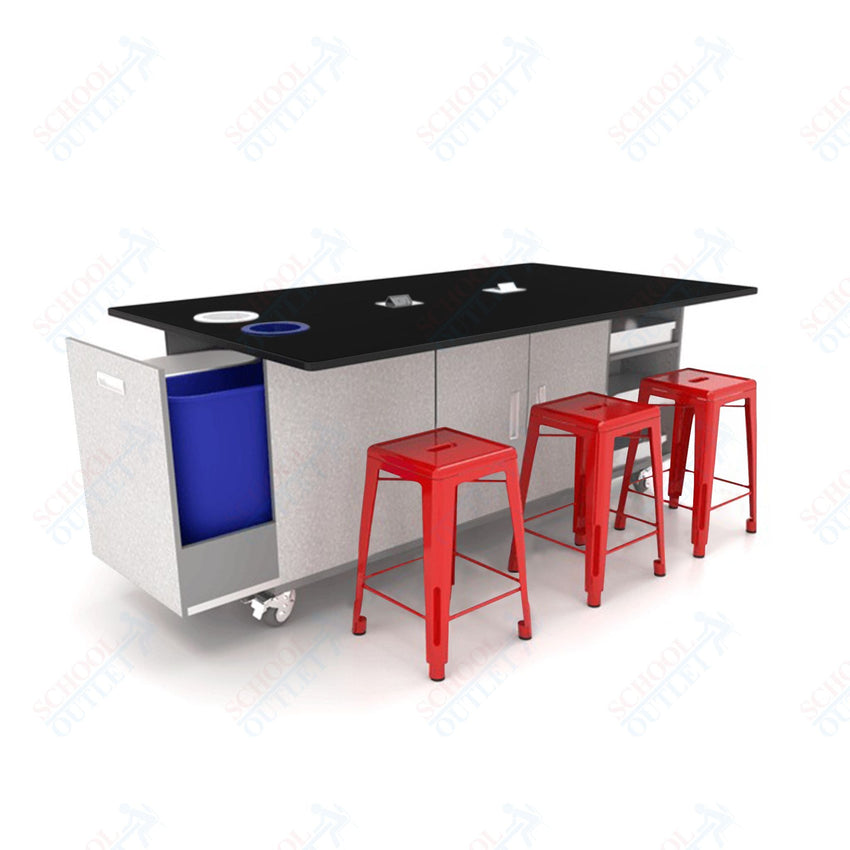 CEF ED Original Table 42"H Tough Top, Laminate Base with 6 Stools, Storage Bins, Trash Bins, and Electrical Outlets Included. - SchoolOutlet