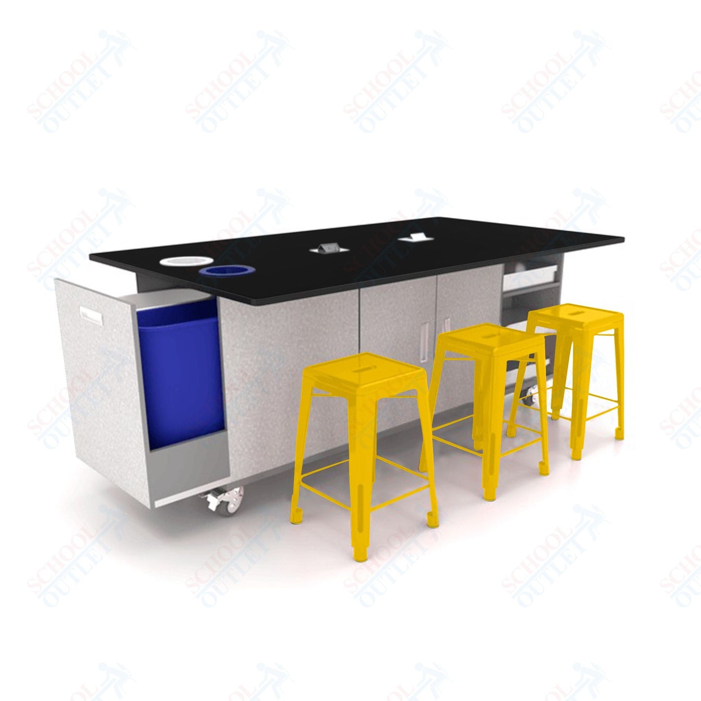 CEF ED Original Table 42"H Tough Top, Laminate Base with 6 Stools, Storage Bins, Trash Bins, and Electrical Outlets Included. - SchoolOutlet