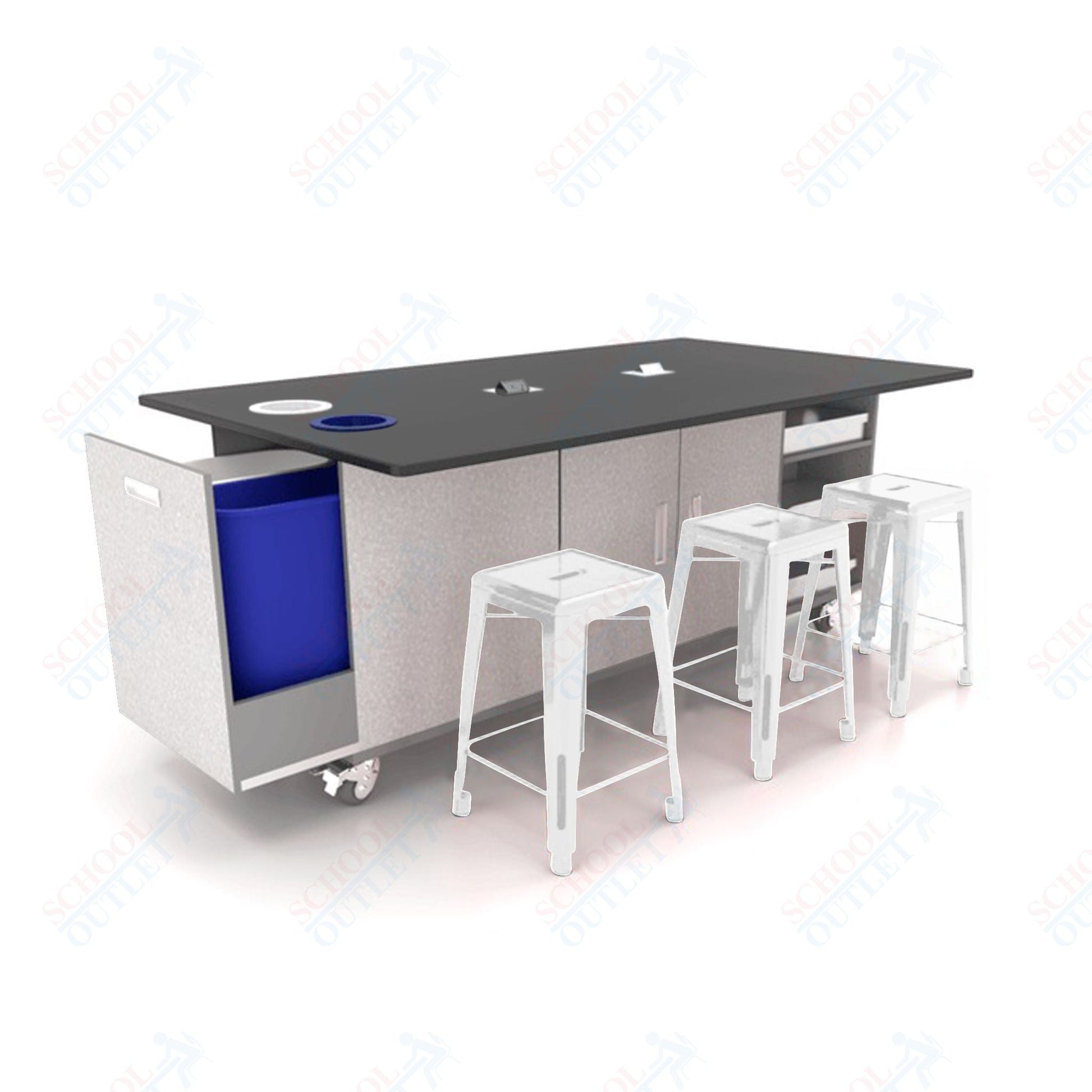 CEF ED Original Table 42"H Tough Top, Laminate Base with 6 Stools, Storage Bins, Trash Bins, and Electrical Outlets Included. - SchoolOutlet