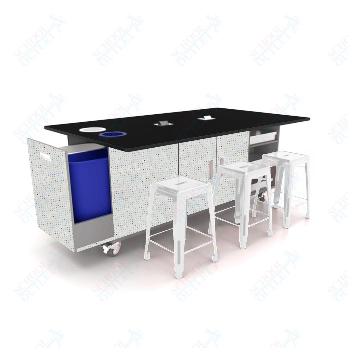 CEF ED Original Table 42"H Tough Top, Laminate Base with 6 Stools, Storage Bins, Trash Bins, and Electrical Outlets Included. - SchoolOutlet