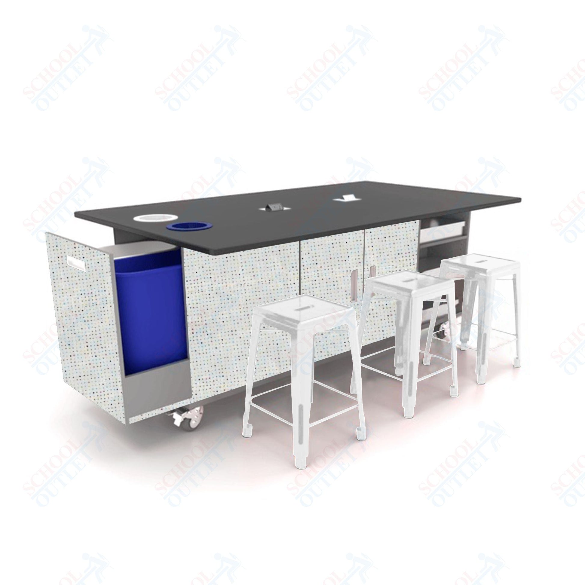 CEF ED Original Table 42"H Tough Top, Laminate Base with 6 Stools, Storage Bins, Trash Bins, and Electrical Outlets Included. - SchoolOutlet