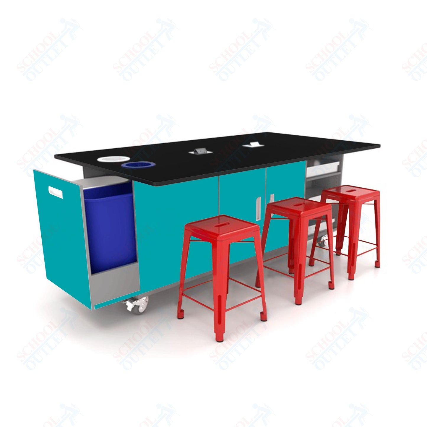 CEF ED Original Table 42"H Tough Top, Laminate Base with 6 Stools, Storage Bins, Trash Bins, and Electrical Outlets Included. - SchoolOutlet