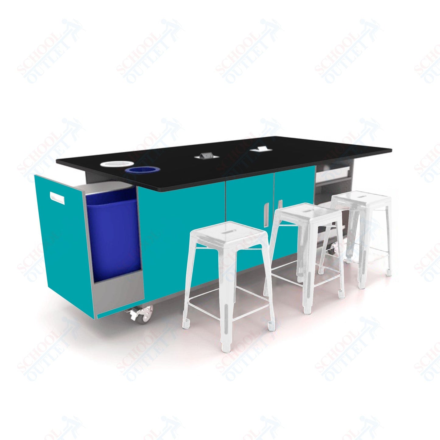 CEF ED Original Table 42"H Tough Top, Laminate Base with 6 Stools, Storage Bins, Trash Bins, and Electrical Outlets Included. - SchoolOutlet