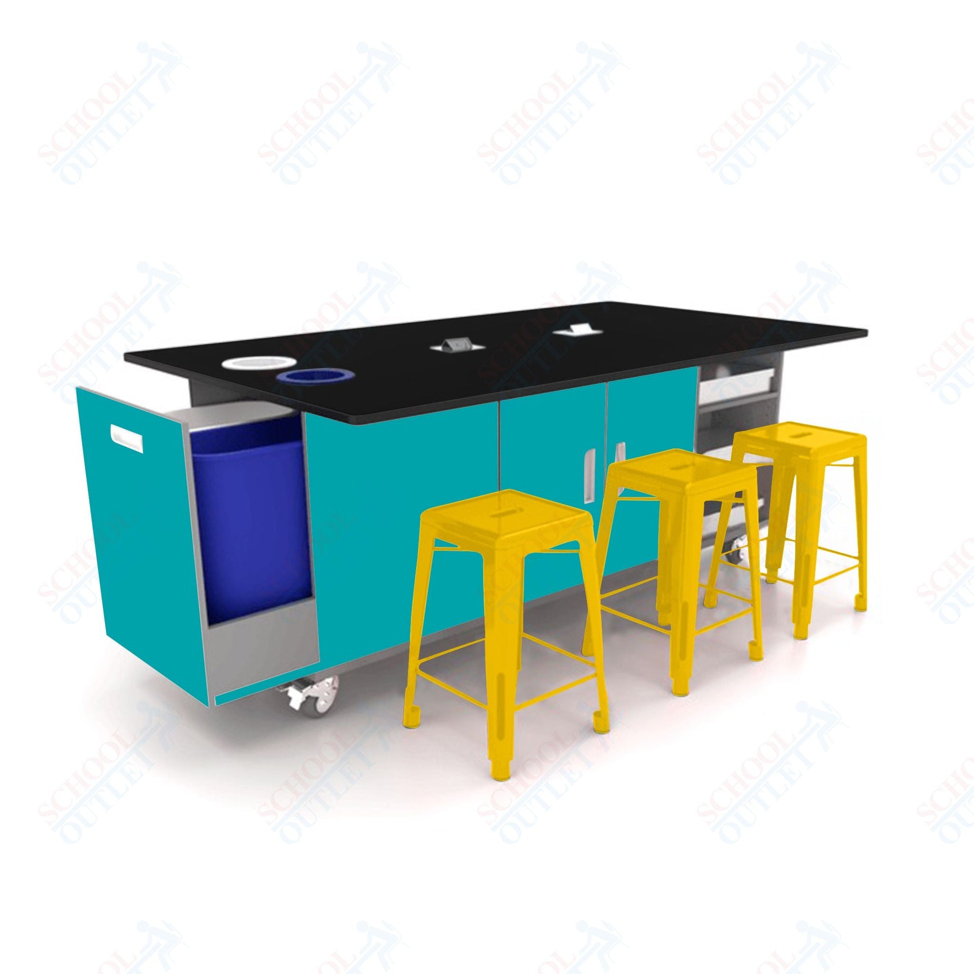 CEF ED Original Table 42"H Tough Top, Laminate Base with 6 Stools, Storage Bins, Trash Bins, and Electrical Outlets Included. - SchoolOutlet