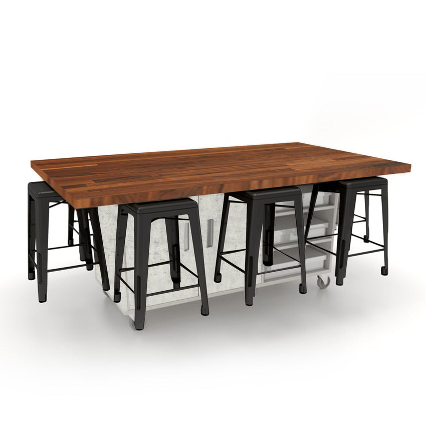 CEF ED8 Table 36"H Butcher Block Top, Laminate Base with 8 Stools, Storage bins, and Electrical Outlets Included. - SchoolOutlet