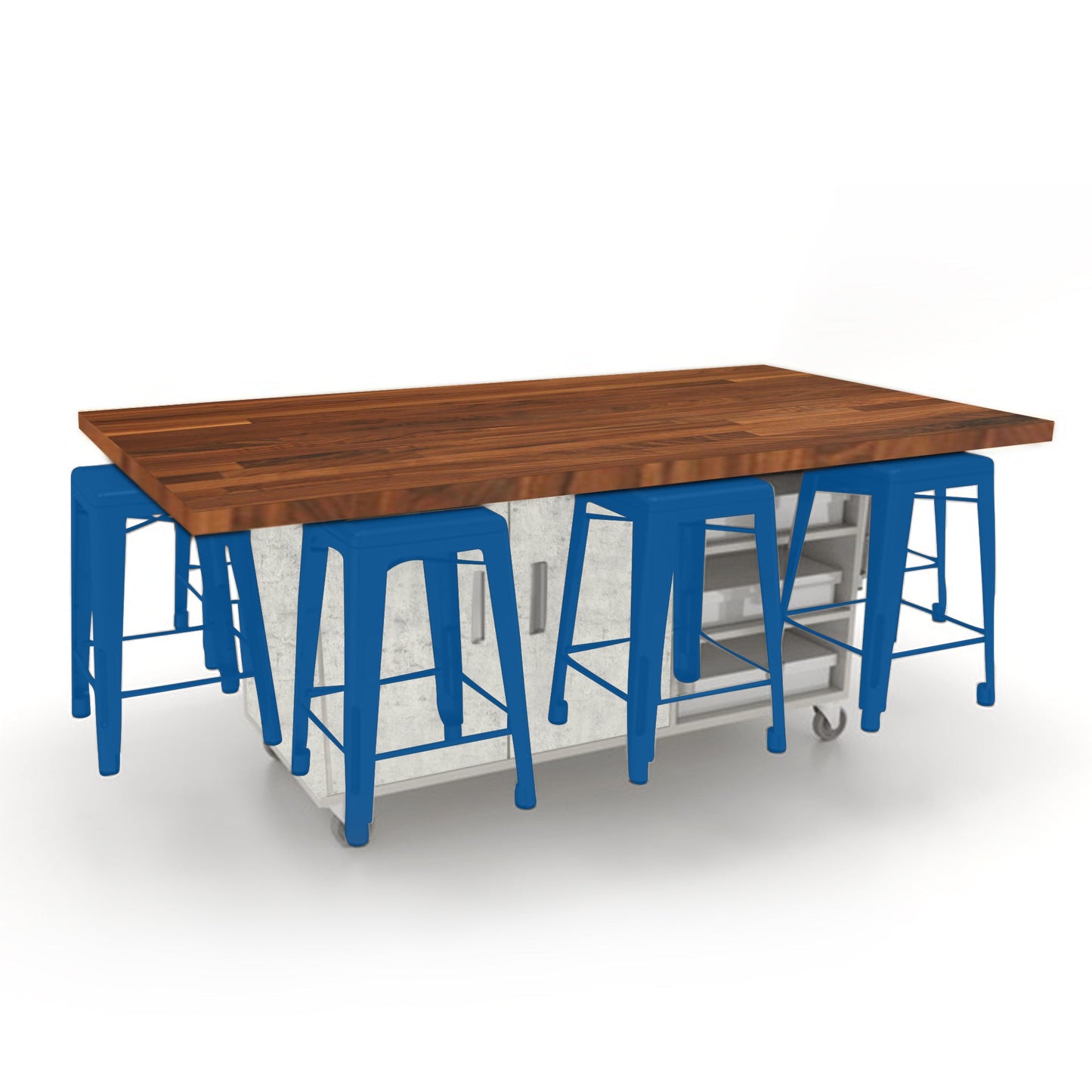 CEF ED8 Table 36"H Butcher Block Top, Laminate Base with 8 Stools, Storage bins, and Electrical Outlets Included. - SchoolOutlet