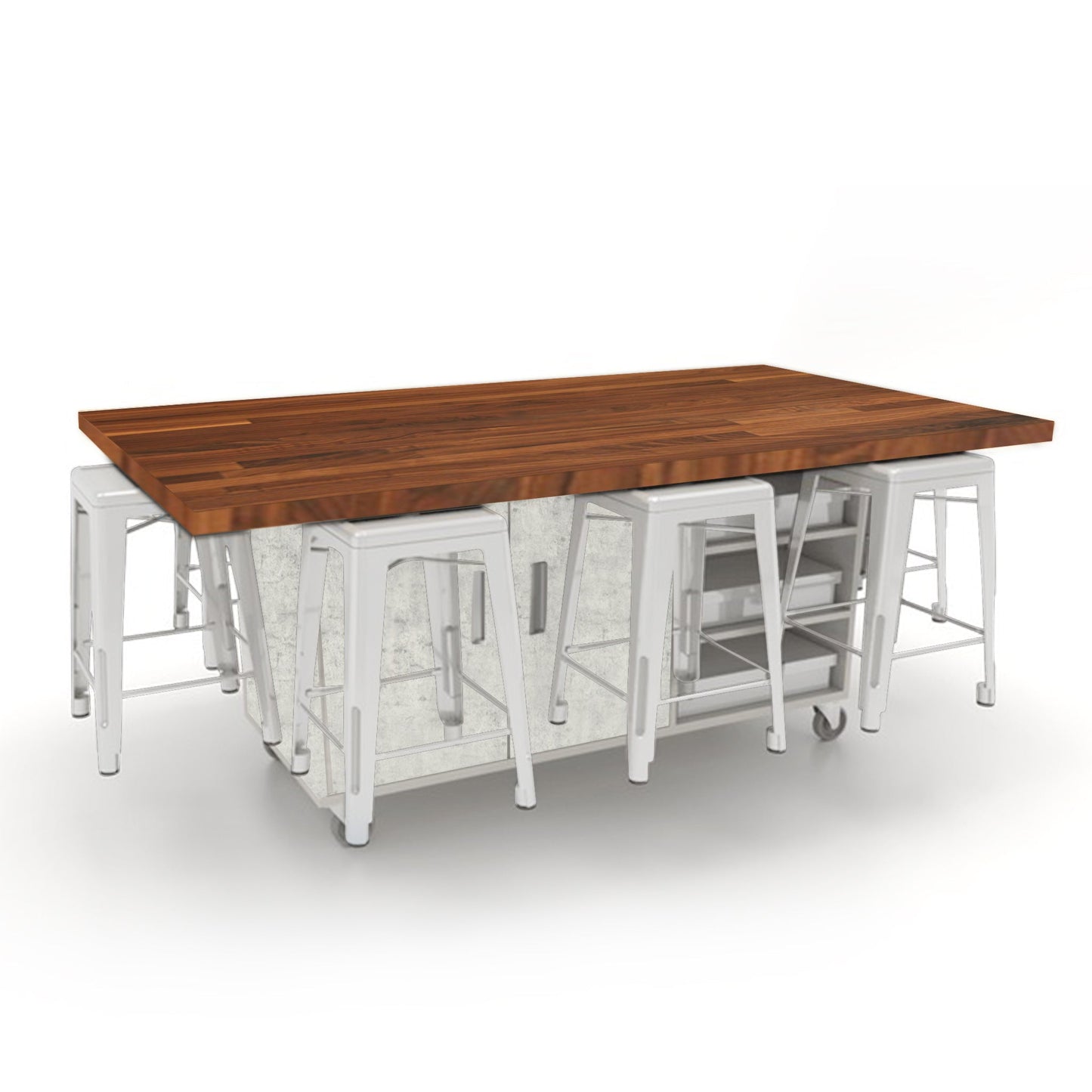 CEF ED8 Table 36"H Butcher Block Top, Laminate Base with 8 Stools, Storage bins, and Electrical Outlets Included. - SchoolOutlet