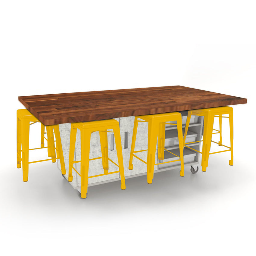 CEF ED8 Table 36"H Butcher Block Top, Laminate Base with 8 Stools, Storage bins, and Electrical Outlets Included. - SchoolOutlet