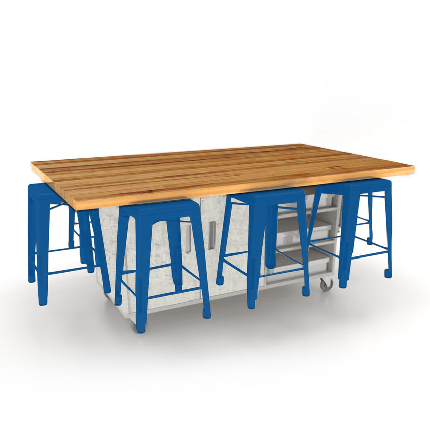 CEF ED8 Table 36"H Butcher Block Top, Laminate Base with 8 Stools, Storage bins, and Electrical Outlets Included. - SchoolOutlet