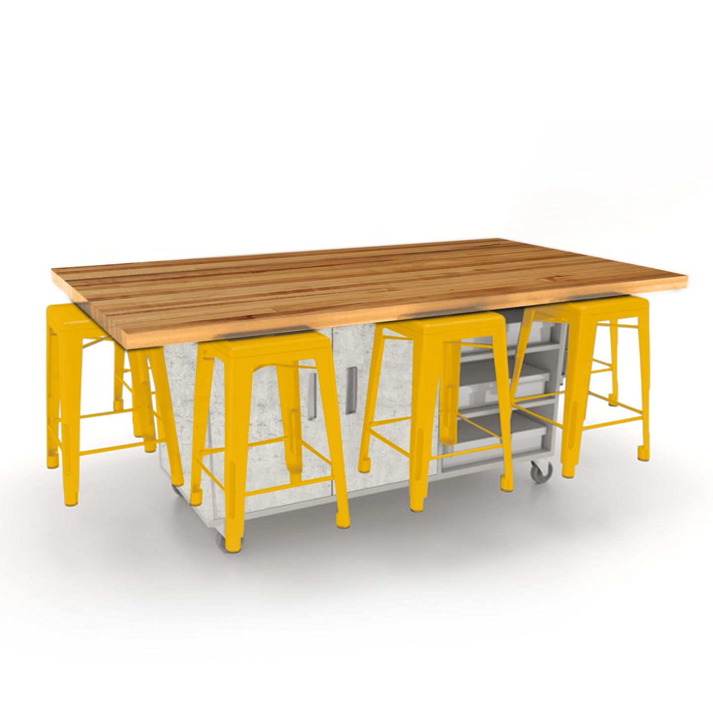 CEF ED8 Table 36"H Butcher Block Top, Laminate Base with 8 Stools, Storage bins, and Electrical Outlets Included. - SchoolOutlet