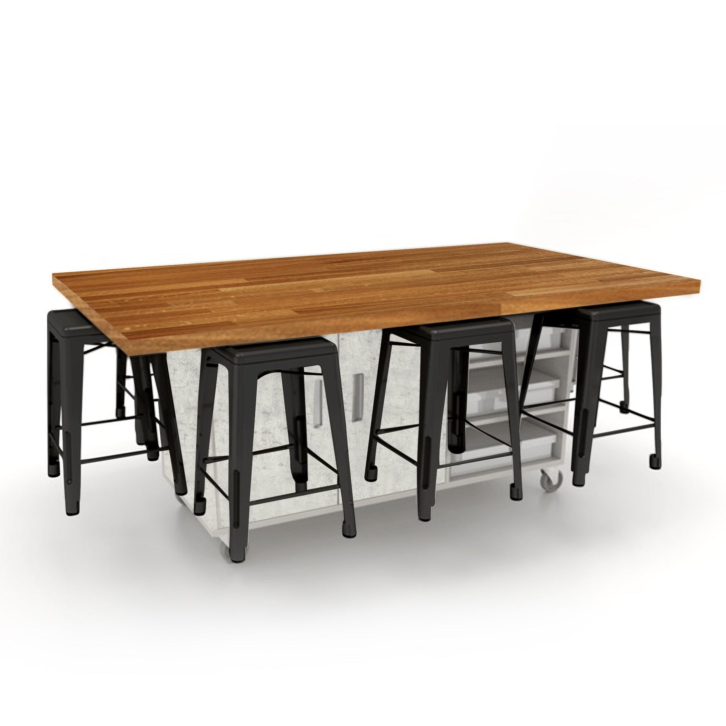 CEF ED8 Table 36"H Butcher Block Top, Laminate Base with 8 Stools, Storage bins, and Electrical Outlets Included. - SchoolOutlet