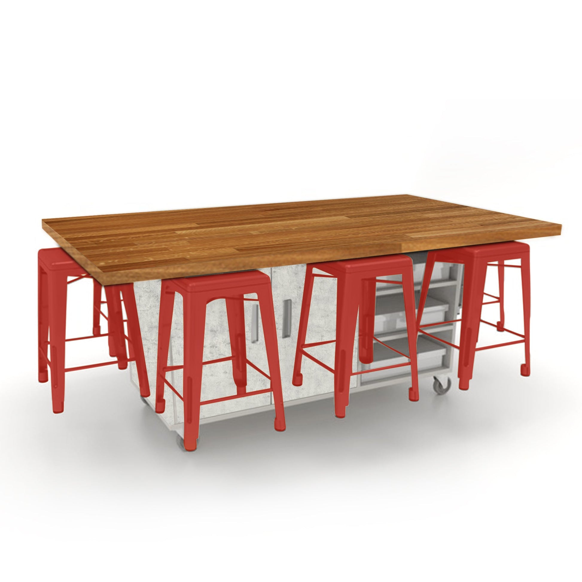 CEF ED8 Table 36"H Butcher Block Top, Laminate Base with 8 Stools, Storage bins, and Electrical Outlets Included. - SchoolOutlet