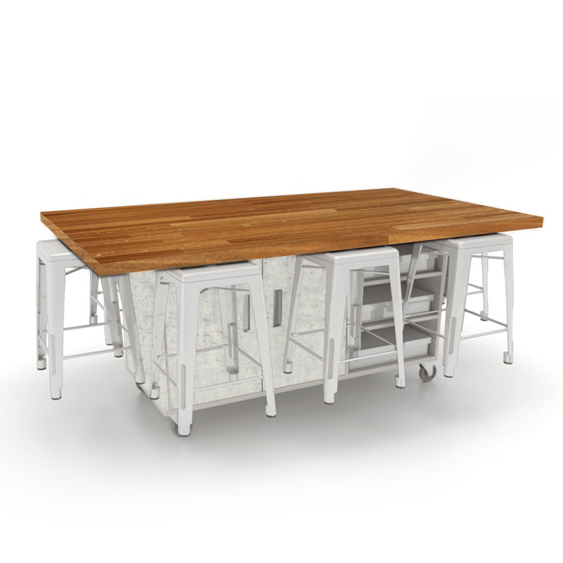 CEF ED8 Table 36"H Butcher Block Top, Laminate Base with 8 Stools, Storage bins, and Electrical Outlets Included. - SchoolOutlet