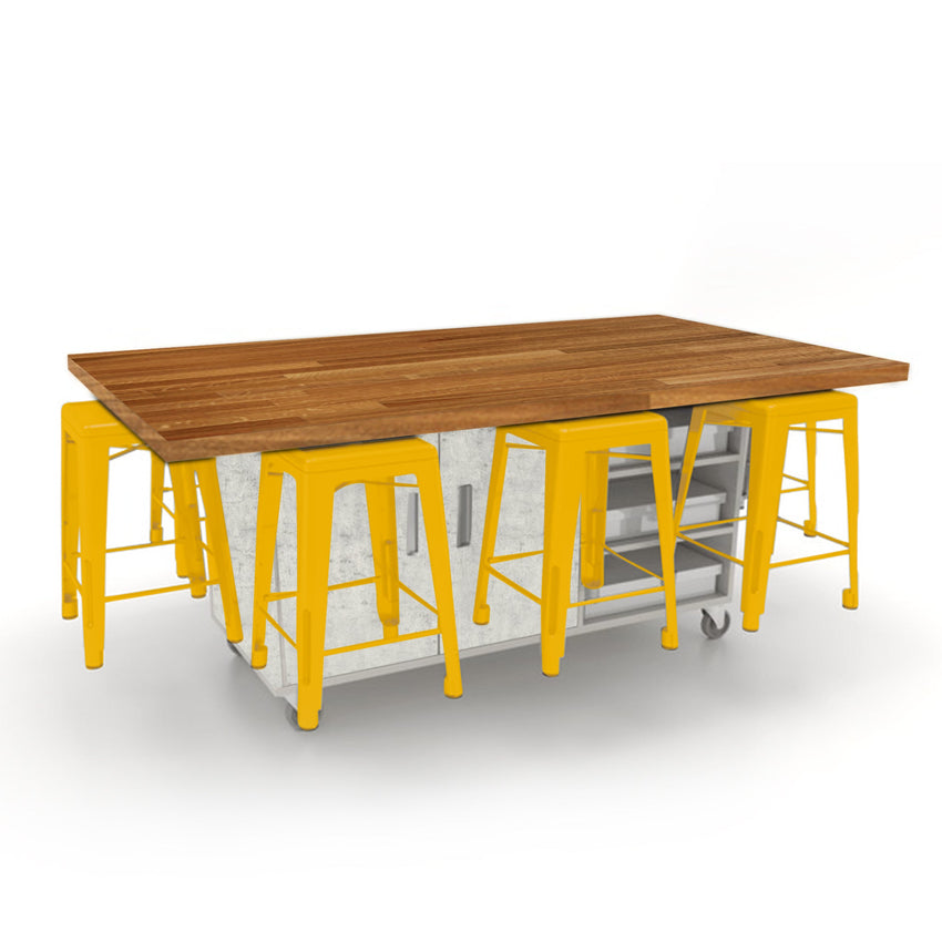 CEF ED8 Table 36"H Butcher Block Top, Laminate Base with 8 Stools, Storage bins, and Electrical Outlets Included. - SchoolOutlet