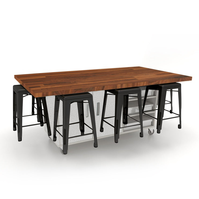 CEF ED8 Table 36"H Butcher Block Top, Laminate Base with 8 Stools, Storage bins, and Electrical Outlets Included. - SchoolOutlet