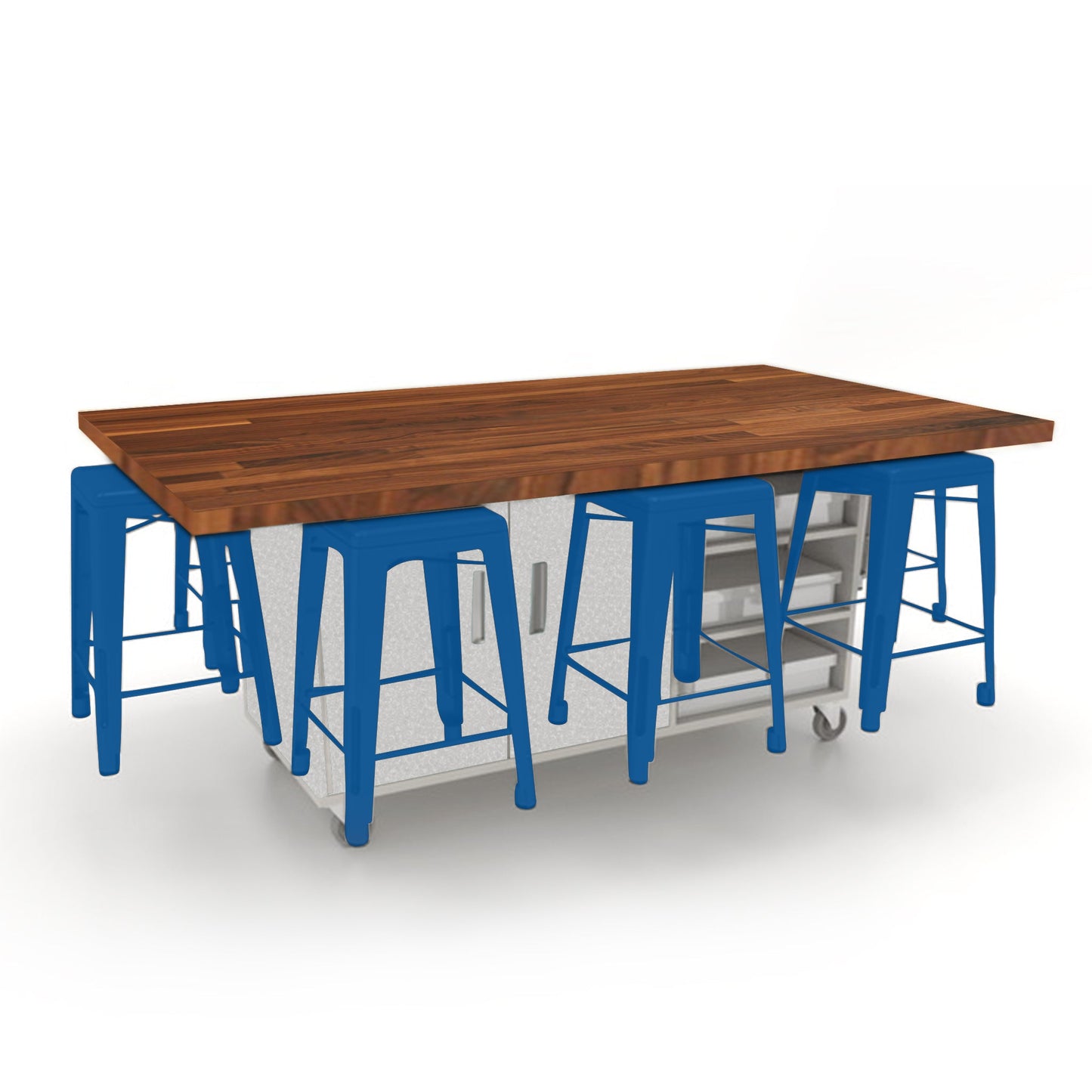 CEF ED8 Table 36"H Butcher Block Top, Laminate Base with 8 Stools, Storage bins, and Electrical Outlets Included. - SchoolOutlet