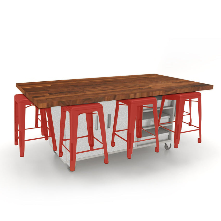 CEF ED8 Table 36"H Butcher Block Top, Laminate Base with 8 Stools, Storage bins, and Electrical Outlets Included. - SchoolOutlet