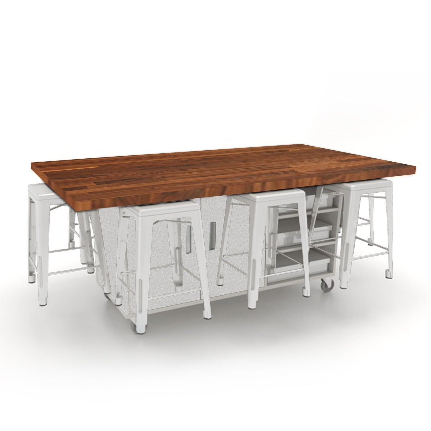 CEF ED8 Table 36"H Butcher Block Top, Laminate Base with 8 Stools, Storage bins, and Electrical Outlets Included. - SchoolOutlet