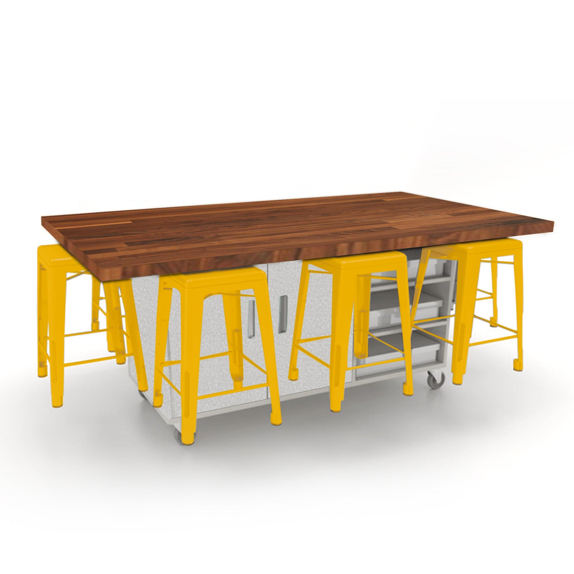 CEF ED8 Table 36"H Butcher Block Top, Laminate Base with 8 Stools, Storage bins, and Electrical Outlets Included. - SchoolOutlet