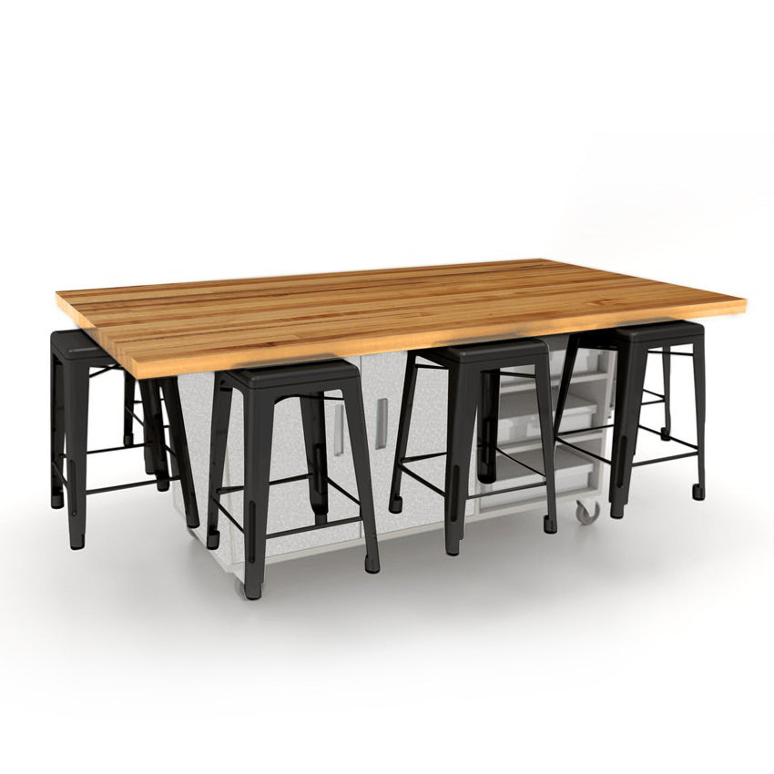 CEF ED8 Table 36"H Butcher Block Top, Laminate Base with 8 Stools, Storage bins, and Electrical Outlets Included. - SchoolOutlet