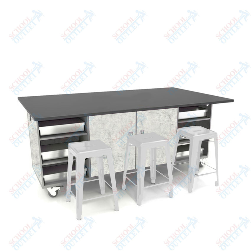 CEF ED Double Table 36"H Chemical Resistant Top, Laminate Base with 6 Stools, Storage bins, and Electrical Outlets Included. - SchoolOutlet