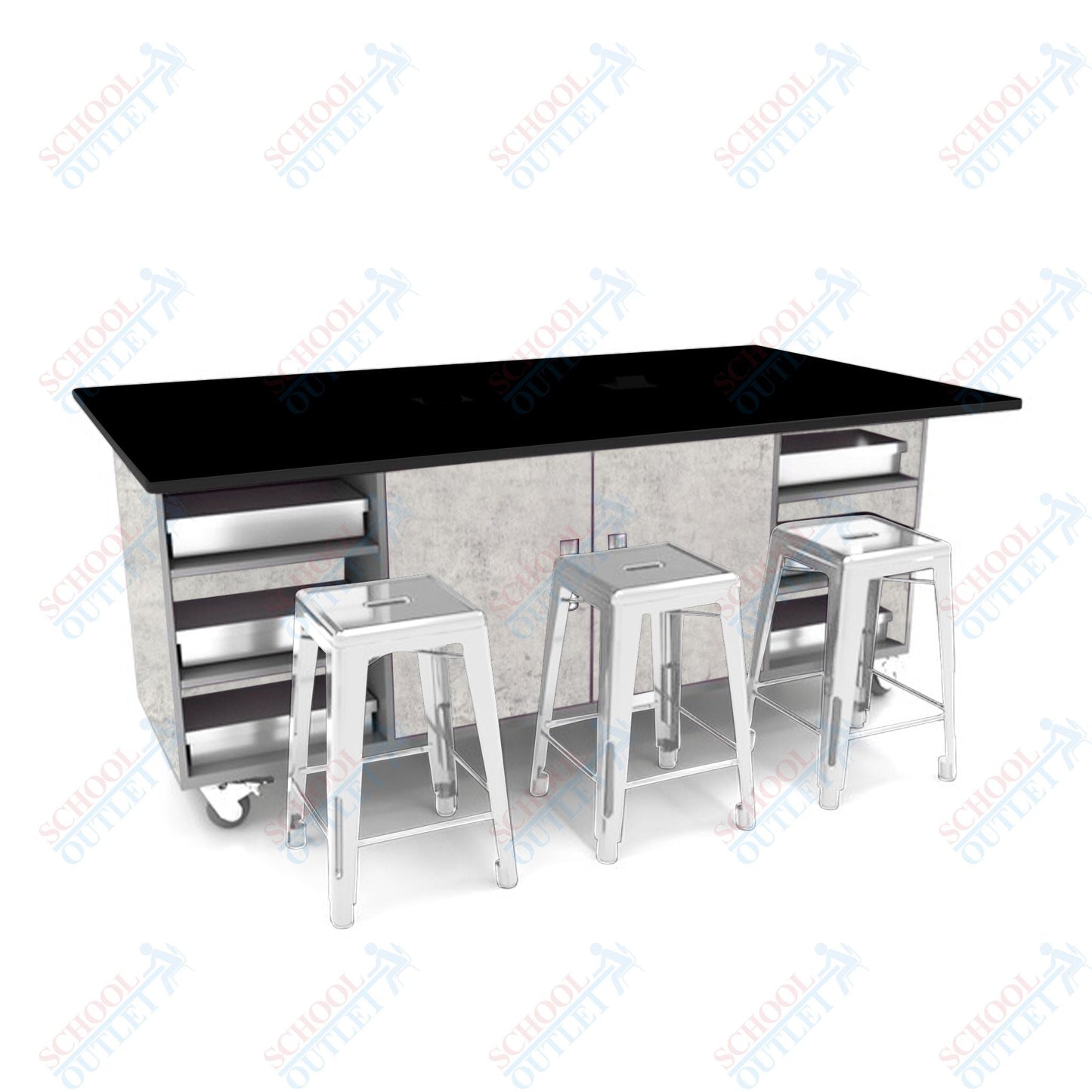 CEF ED Double Table 36"H Tough Top, Laminate Base with 6 Stools, Storage bins, and Electrical Outlets Included. - SchoolOutlet