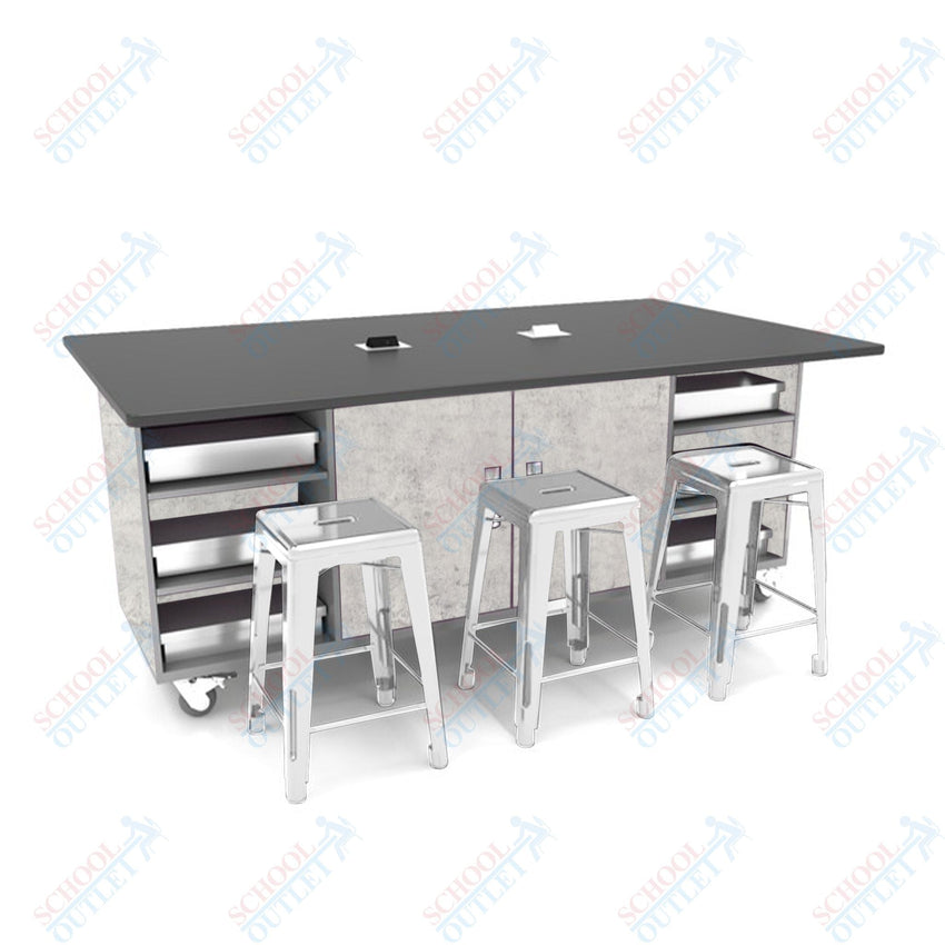 CEF ED Double Table 36"H Tough Top, Laminate Base with 6 Stools, Storage bins, and Electrical Outlets Included. - SchoolOutlet