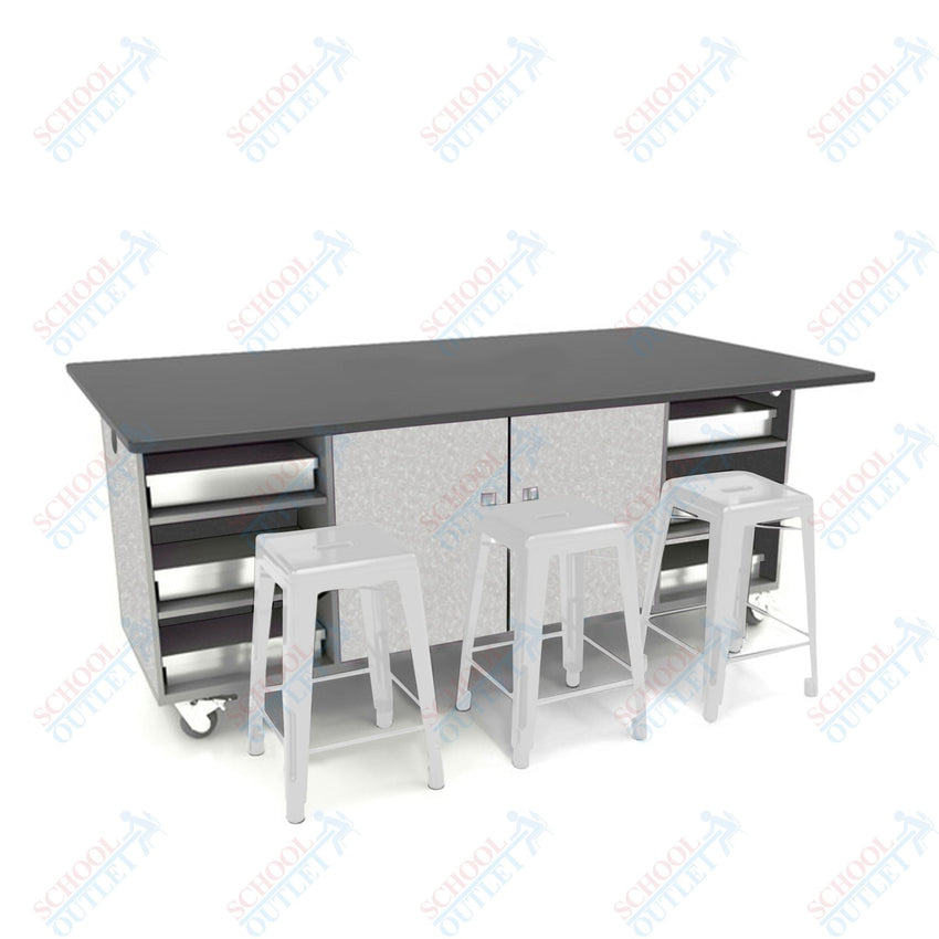 CEF ED Double Table 36"H Chemical Resistant Top, Laminate Base with 6 Stools, Storage bins, and Electrical Outlets Included. - SchoolOutlet